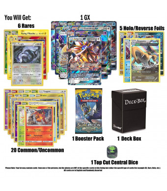 Pokemon GX Guaranteed with Booster Pack, 6 Rare Cards, 5 Holo/Reverse Holo Cards, 20 Regular Pokemon Cards, Deck Box and 1 Top Cut Central Exclusive Dice.