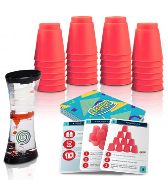 Gamie Stacking Cups Game w/ 18 Fun Challenges and Water Timer, 24 Stacking Cups, Sturdy Plastic, Classic Quick Stacking Cup Game for Kids, Amazing Family Time (Red)