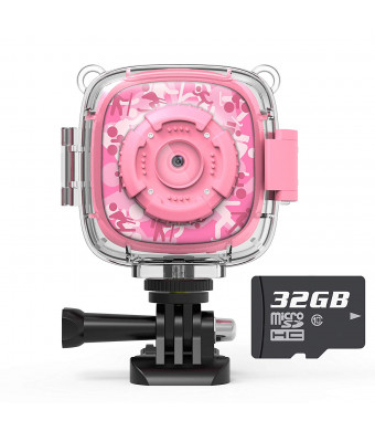 AKAMATE Kids Action Camera Waterproof Video Digital Children Cam 1080P HD Sports Camera Camcorder for Boys Girls, Build-in 3 Games, 32GB SD Card (Pink)