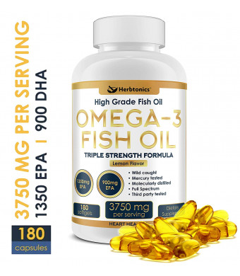 High Strength Omega 3 Fish Oil Supplement 3750MG (HIGH EPA 1350MG + DHA 900MG) 180 Capsules - Fish Oil Omega 3 Pills Triple Strength Burpless Wild Caught Fish Oil Capsules.