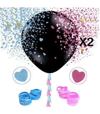 2 XL Baby Gender Reveal Balloons | 20 Team Boy or Girl Wristbands For Baby Shower Party Games | Pink and Blue Heart Confetti with Tassels | 26pcs Gender Reveal Party Supplies Kit |