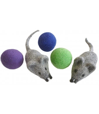 Earthtone Solutions Felt Wool Ball and Mouse Toys for Cats and Kittens, Adorable Colorful Soft Quiet 4cm Fabric Balls, Unique Handmade Natural, Eco-Friendly Cat Lover Gifts, 2 Felt Mice 3 Felt Balls