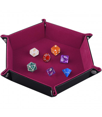 SIQUK Double Sided Dice Tray, Folding Hexagon PU Leather and Dark Rose Red Velvet Dice Holder for Dungeons and Dragons RPG Dice Gaming DandD and Other Table Games