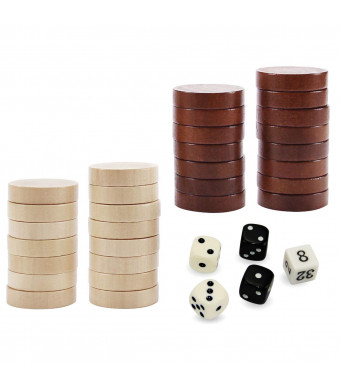 ASNEY Wooden Backgammon Pieces, Solid Wood Checker Pieces Set Board Game Table Chips and 5 Dices, Includes Storage Bag