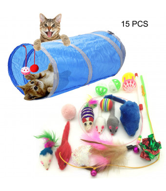 Pietypet Cat Toys Kitten Catnip Toys Assorted, Variety Catnip Toy Set, Interactive Feather Teaser, Fluffy Mouse, Tumble Cage Mice, Crinkle Rainbow Balls Bells Toys for Puppy Kitty, 2 Way Tunnel