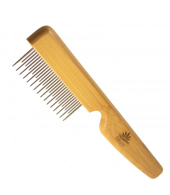 AtEase Accents Detangler Tool for Gentle Dog and Cat Grooming-Removal of Knots, Tangles and Matted Fur-Premium Quality Anti- Static Bamboo Wood with Long and Short Stainless Steel Teeth