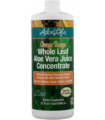 Aloe Life - Whole Leaf Aloe Vera Juice Concentrate, Supports Occasional Indigestion, Bloating, Regularity, Energy and Optimum Health (Orange Papaya, 32 Ounces)