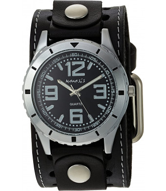 Nemesis #STH096K Men's Black Wide Leather Cuff Band Sporty Black Dial Watch