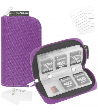 ECO-FUSED Memory Card Case - Fits up to 22x SD, SDHC, Micro SD, Mini SD and 4X CF - Holder with 22 Slots (8 Pages) - for Storage and Travel (Purple)