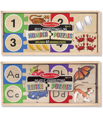 Melissa and Doug Self-Correcting Letter and Number Wooden Puzzles Set With Storage Box