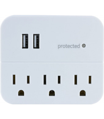 GE Surge Protector Wall Tap Charging Station, 3 Outlets, 2 USB Charger Ports, 3 Prong, Power Outlet Extender, Blue LED Protected Indicator Light, 560 Joules, Warranty, UL Listed, White, 14512