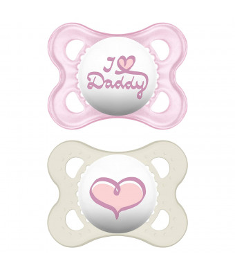 MAM I Love Daddy Collection Pacifiers (2 pack, 1 Sterilizing Pacifier Case), MAM Pacifier 0-6 Months, Baby Girl Pacifier, Best Pacifier for Breastfed Babies, Designs May Vary