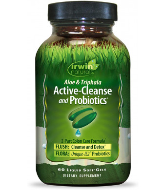 Irwin Naturals Aloe and Triphala Active Cleanse + Probiotics Natural Digestive Support - Gentle, Effective Detox + Elimination 2-Part Colon Care - Nourish + Balance - 60 Liquid Softgels