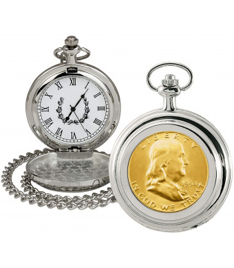 Coin Pocket Watch with Quartz Movement | Gold Layered Silver Franklin Half Dollar | Genuine U.S. Coin | Sweeping Second Hand, Roman Numerals | Silvertone Case | Certificate of Authenticity