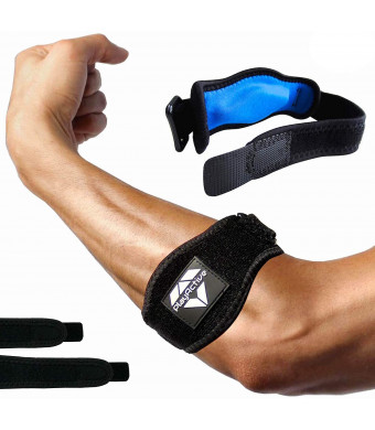 Tennis Elbow Brace (2+2 Pack) for Tendonitis - Best Tennis and Golfer's Elbow Strap Band with Compression Pad - Relieves Forearm Pain - Includes Two Elbow Support Braces, Two Extra Straps and E-Guide