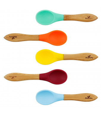 Avanchy First Stage Baby Feeding Spoons Natural Bamboo Soft Silicone Soft Tip Baby Spoon, Training Spoon Holds, Travel Gift Set for Baby  5 Pack (Blue, Green, Orange, Yellow, Magenta)