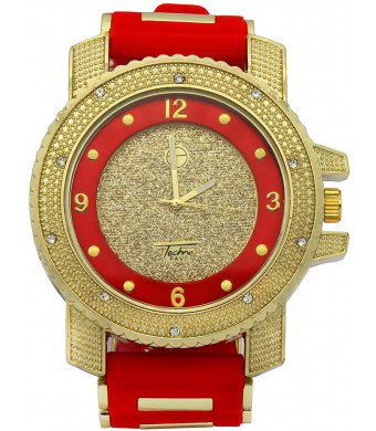 Totally Iced Out Cz Techno Pave Gold Tone Red Band Over Sized Hip Hop Men's Bling Bling Watch Watches