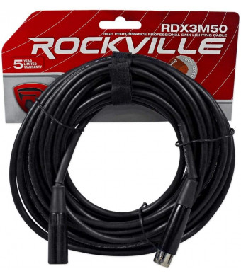 Rockville RDX3M50 50 Foot 3 Pin DMX Lighting Cable 100% OFC Copper Female 2 Male