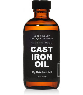 Organic Cast Iron Oil and Cast Iron Conditioner (4 oz) - Made from Flaxseed Oil grown and pressed in the USA - Creates a Non-Stick Seasoning on All Cast Iron Cookware