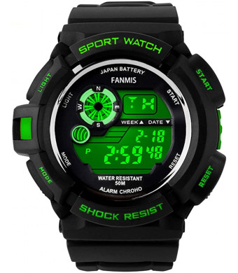 Fanmis Military Mens Sport Watches Multi Function Digital Alarm Waterproof Black Rubber Strap Watch Green