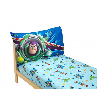 Disney Toy Story Power Up 2 Pack Fitted Sheet and Pillowcase Toddler Sheet Set, Blue/Green