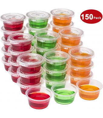 DuraHome Plastic Portion Cups with Lids 2 oz. Pack of 150 Leakproof Jello Shot Cup Salad Dressing Containers for Sauce Condiment Snack Souffle and Salsa, Disposable
