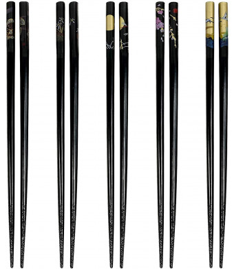 JapanBargain 3672, Bamboo Chopsticks Reusable Japanese Chinese Korean Wood Chop Sticks Hair Sticks 5 Pair Gift Set Dishwasher Safe, 9 inch, Black