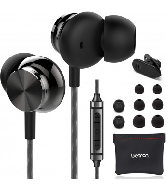 Betron BS10 Noise Isolating Earphones, in Ear Headphones with Microphone and Volume Control, Powerful Bass Sound Includes 3 Different Sized Pairs of Ergonomic Earbuds and Carry Bag, Black