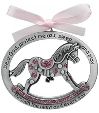 Sweet ROCKING HORSE Crib Medal for Baby GIRL with PRAYER Verse PEWTER Finish - CHRISTENING/SHOWER GIFT - Baptism KEEPSAKE w/PINK RIBBON - INFANT - Newborn (Original Version)