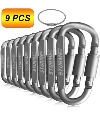 STURME Carabiner Clip Aluminum D-Ring Locking Durable Strong and Light Large Carabiners Clip Set for Outdoor Camping Screw Gate Lock Hooks Spring Link Improved Design Pack (9 Pack)
