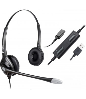 USB Plug Corded Headphone Call Center Comfort Noise Cancelling Headset with Adjustable Mic, Mute Volume Control for Calls on Laptops PCs Computers - Binaural