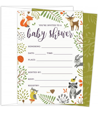 Woodland Baby Shower Invitations with Owl and Forest Animals. Set of 25 Fill-in Style Blank Cards and Envelopes. Unisex Design Suitable for Boy or Girl.