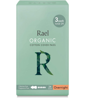 Rael Certified Organic Cotton Menstrual Overnight Pads, Thin Natural Sanitary Napkins with Wings (24 Total), Pack of 3
