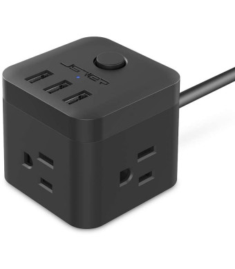 Power strip with usb JSVER USB Power Strip, Travel power strip 3 Outlet 3 USB Charging Ports, 4.92 Ft Extension Cord Power Cube for Travel, Office, Cruise Ship, Cellphone, Tablet, Laptop (Black)