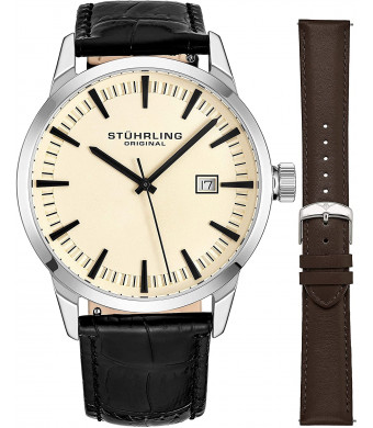 Stuhrling Original Mens Minimalist Swiss Quartz Stainless Steel Dress Wrist-Watch, Quick-Set Date, 2 Easy-Interchangeable Leather Straps  555AZ Series
