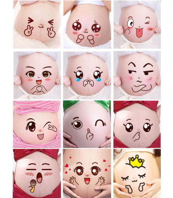 Creation Core Funny Facial Expressions Stickers Pregnancy Baby Bump Belly Stickers Maternity Pregnant Woman Photography Props (12 Sheets)