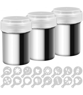 3 Pack Stainless Steel Powder Shaker, Coffee Cocoa Dredges with Fine-Mesh Lid, AIFUDA Power Can For Baking Cooking Home Restaurant with 16 Pcs Printing Molds Stencils