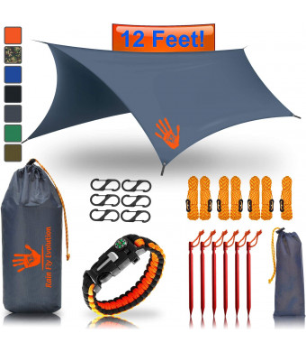 Rain Fly EVOLUTION 12x10/10x10 Hammock Waterproof Tent TARP and Survival Bracelet - 22 pcs - Lightweight - Backpacking Approved - Perfect Hammock Shelter - Multiple Colors