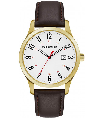 Caravelle Designed by Bulova Men's Stainless Steel Quartz Watch with Leather Calfskin Strap, Brown, 15 (Model: 44B116)