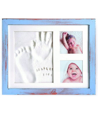 Baby Handprint Frame Kit and Footprint Mold with Clay and Name Stamps | Shower Gift (Blue)