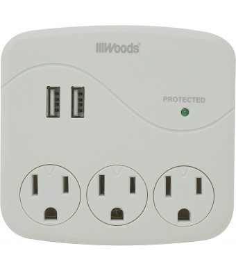 Woods 41029 3 Outlet Surge Tap With 2 USB Ports, 560 Joules of Protection, White