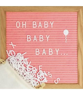 Pink Felt Letter Board Set with 10 x 10 inch Oak Frame, 374 Precut Letters and Emojis, Cursive Words, Wall Hook - Perfect Message Sign for Girl Baby Shower Decorations