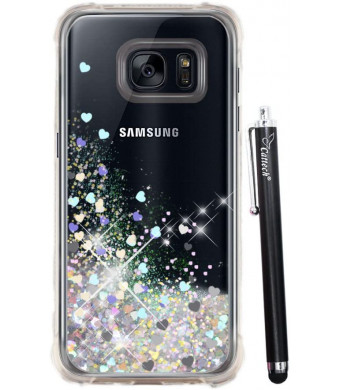 Galaxy S7 Glitter Case, S7 Case, Cattech Liquid Bling Sparkle Shiny Moving Quicksand - Slim Clear TPU Bumper Protective Non-Slip Grip Shockproof Cover for Samsung Galaxy S7 + Stylus (Silver)
