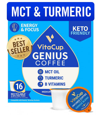 VitaCup Genius Coffee Pods 16 CT Keto Energy and Focus with MCT, Turmeric, Cinnamon, and Vitamins B and D3 Recyclable Single Serve Pods Compatible with K-Cup Brewers Including Keurig 2.0