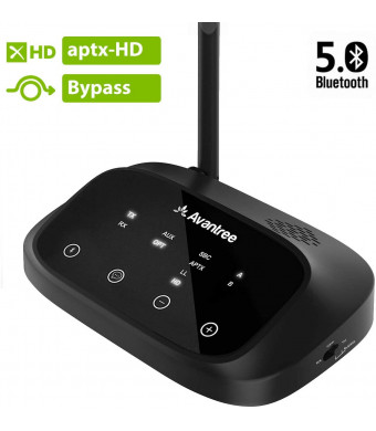 Avantree Certified aptX HD Bluetooth 5.0 Transmitter Receiver for TV, Low Latency Wireless Audio Adapter for Headphone, Long Range, Voice Guide, Touch Screen, Splitter for Wire and Wireless - Oasis Plus