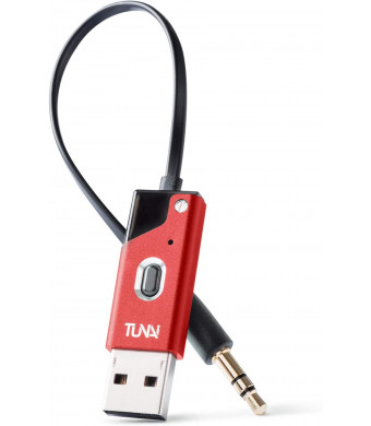 TUNAI Firefly Chat Bluetooth Receiver - World's Smallest Wireless Audio Bluetooth Adapter with 1/8" AUX for Car/Home Stereo Music Streaming and Hands-Free Calls - Auto On, No Need to Charge (Red)