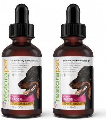 RestoraPet 2 Pack Organic Pet Supplement for Dogs, Cats and Horses | Healthy and Safe Antioxidant Liquid Drops | Anti-Inflammatory Multi-Vitamin | Increases Mobility, Energy and Reduces Joint Pain | Bacon