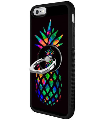 Black iPhone 6s 6 Case with Ring Holder Stand Holder Rainbow Pineapple Pattern 360 Rotation Ring Grip Kickstand Soft TPU and PC Anti-Slippery Design Protection Bumper For iPhone 6s 6