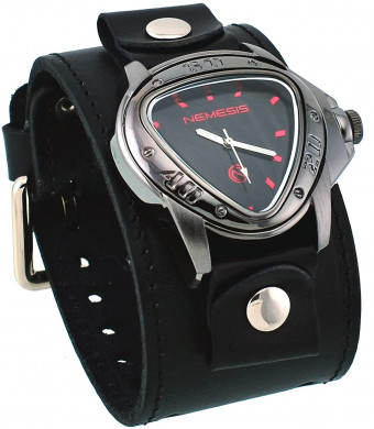 Nemesis LBB258K Men's Gunmetal Triangular Red Index Black Dial Wide Leather Band Watch