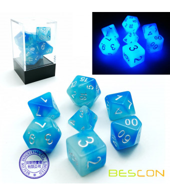 Bescon Gemini Glowing Polyhedral Dice 7pcs Set ICY Rocks, Luminous RPG Dice Set d4 d6 d8 d10 d12 d20 d%, Brick Box Packaging